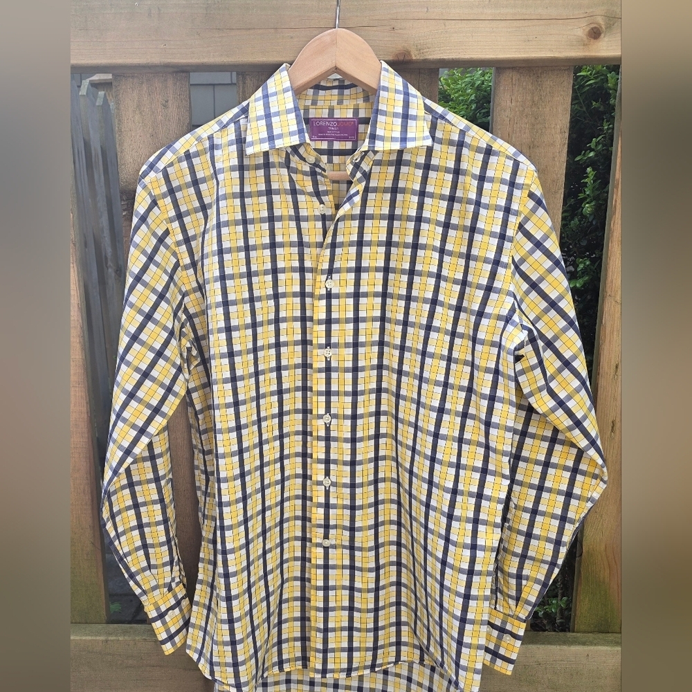 Men's Lorenzo Uomo dress Shirt. Italian made, 15.5 collar, yellow/black check